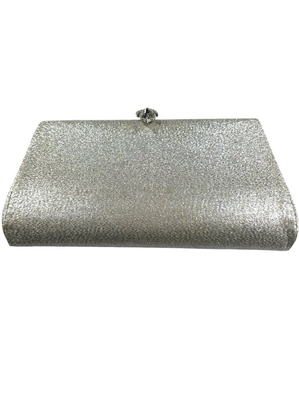 Silver Glitter Evening Clutch With Floral Clasp Chain Strap Party Festive